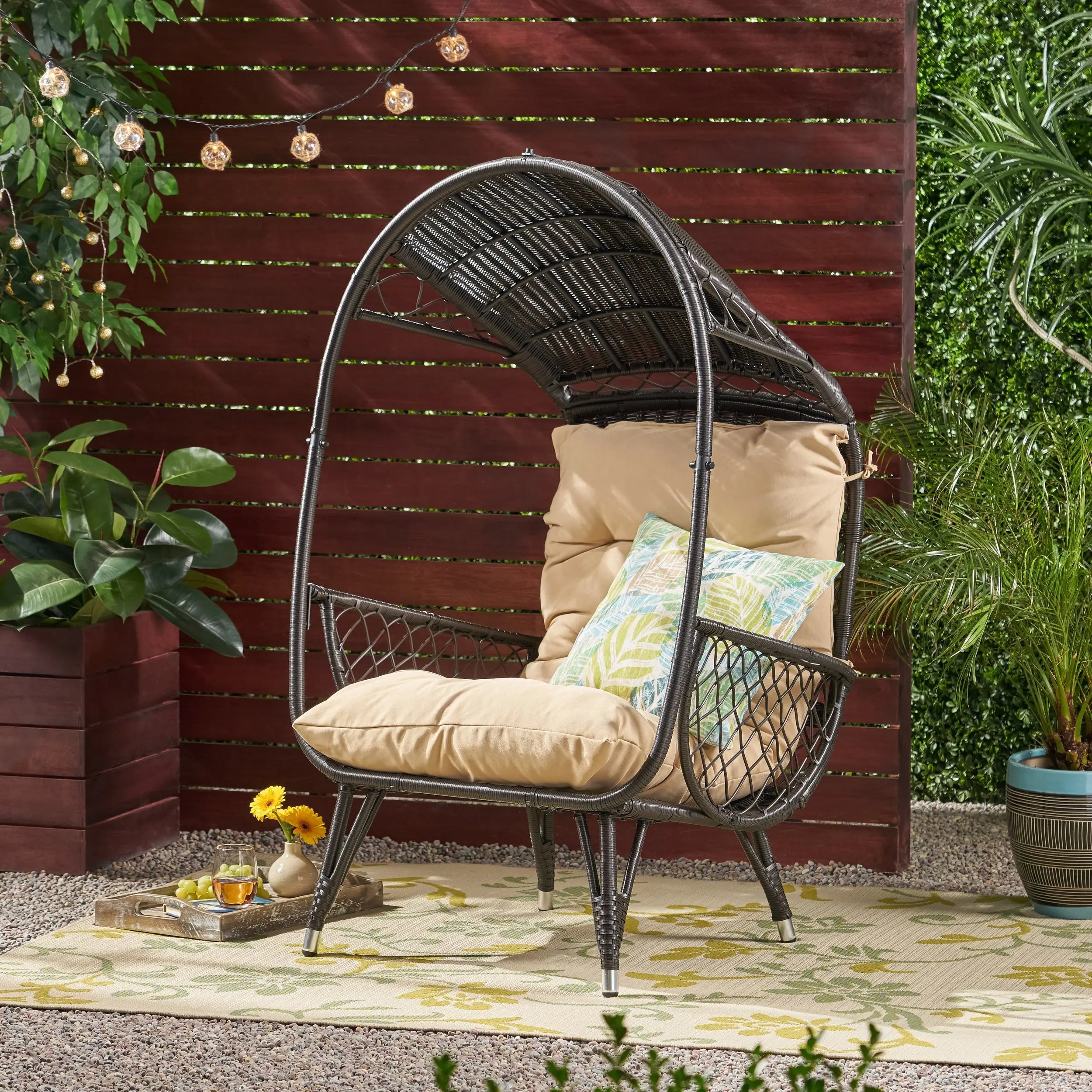 37" Brown Metal Outdoor Egg Chair with Brown Cushion Homeroots Outdoor