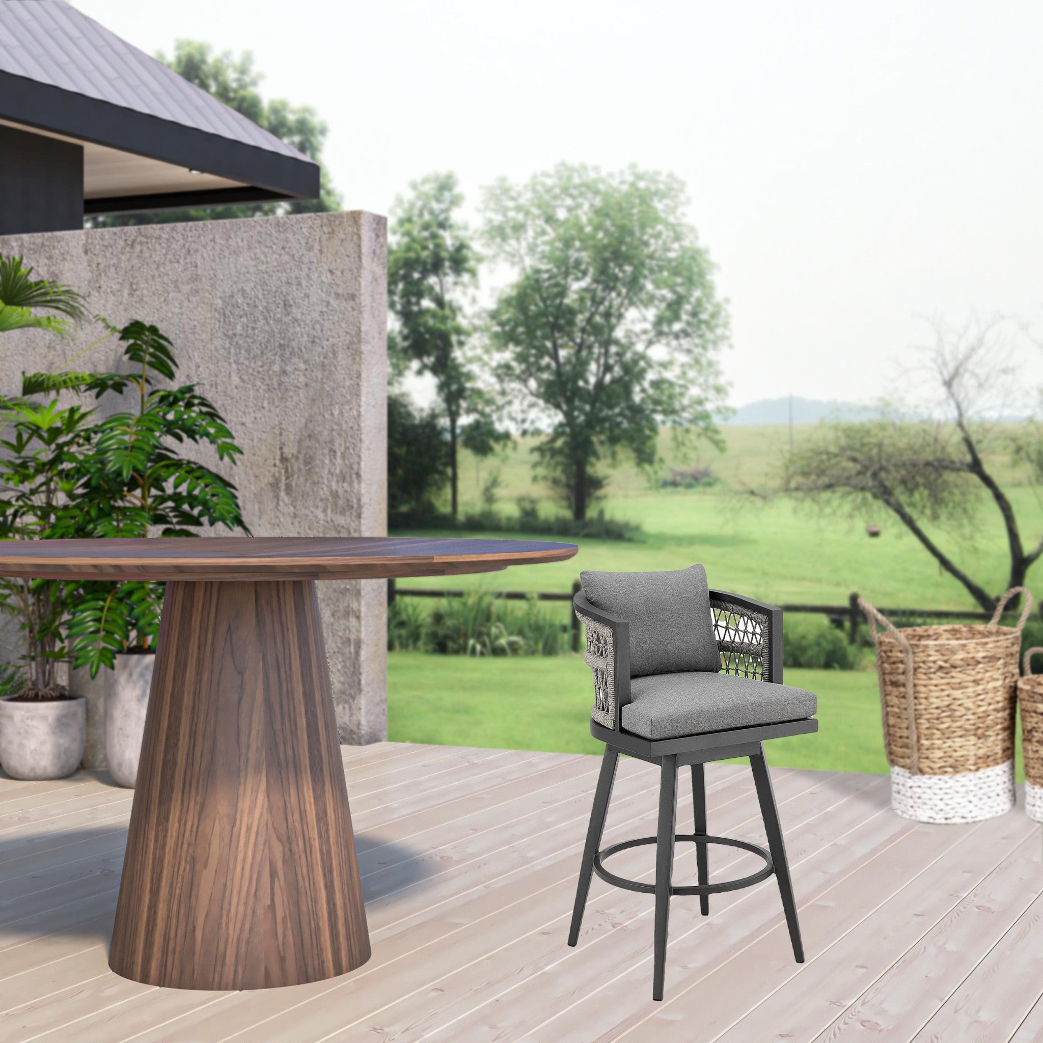 37" Gray Metal Swivel Outdoor Counter Height Bar chair with Footrest - GreatEagleInc
