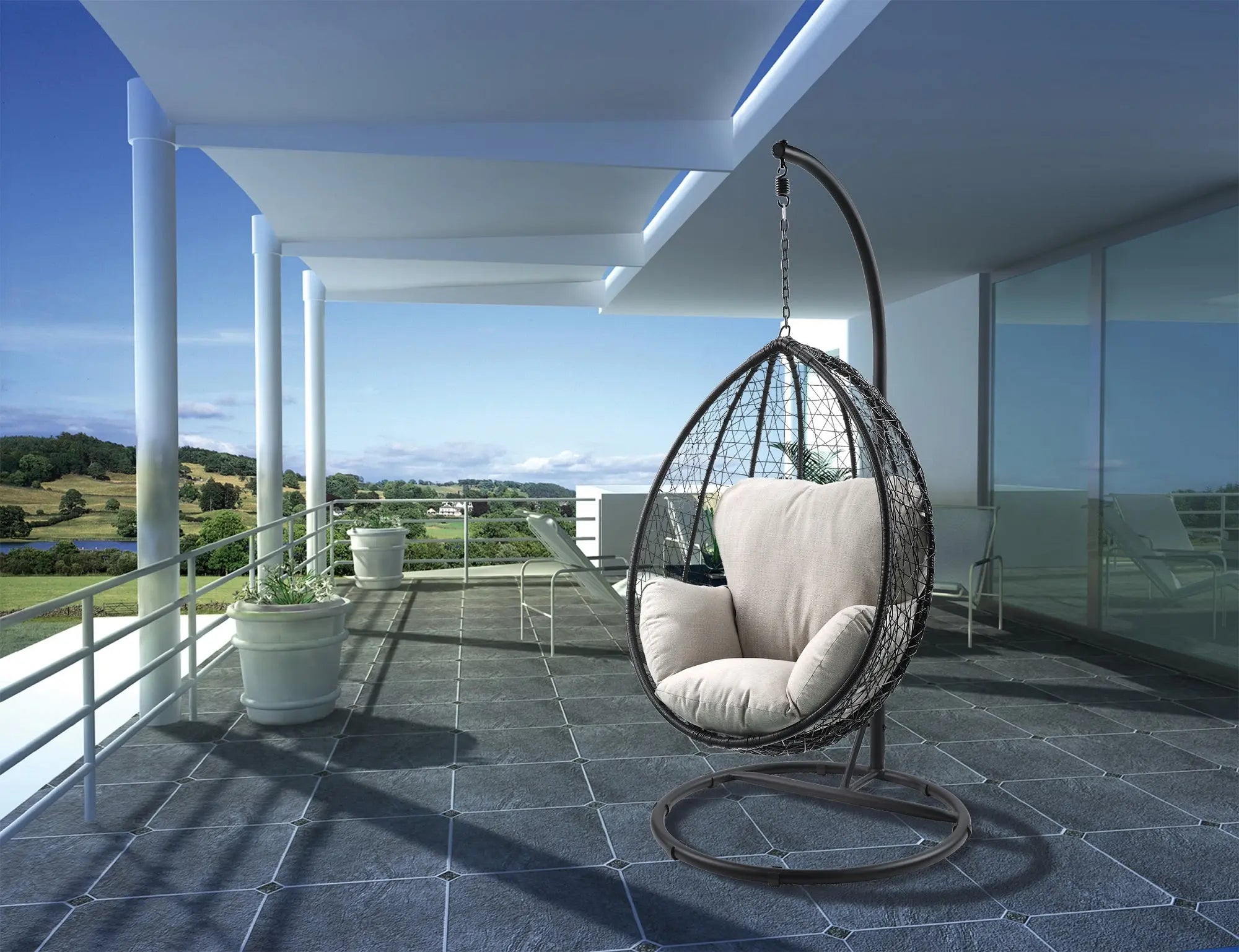 38" Black Metal Swing Chair With Beige Cushion Homeroots Outdoor