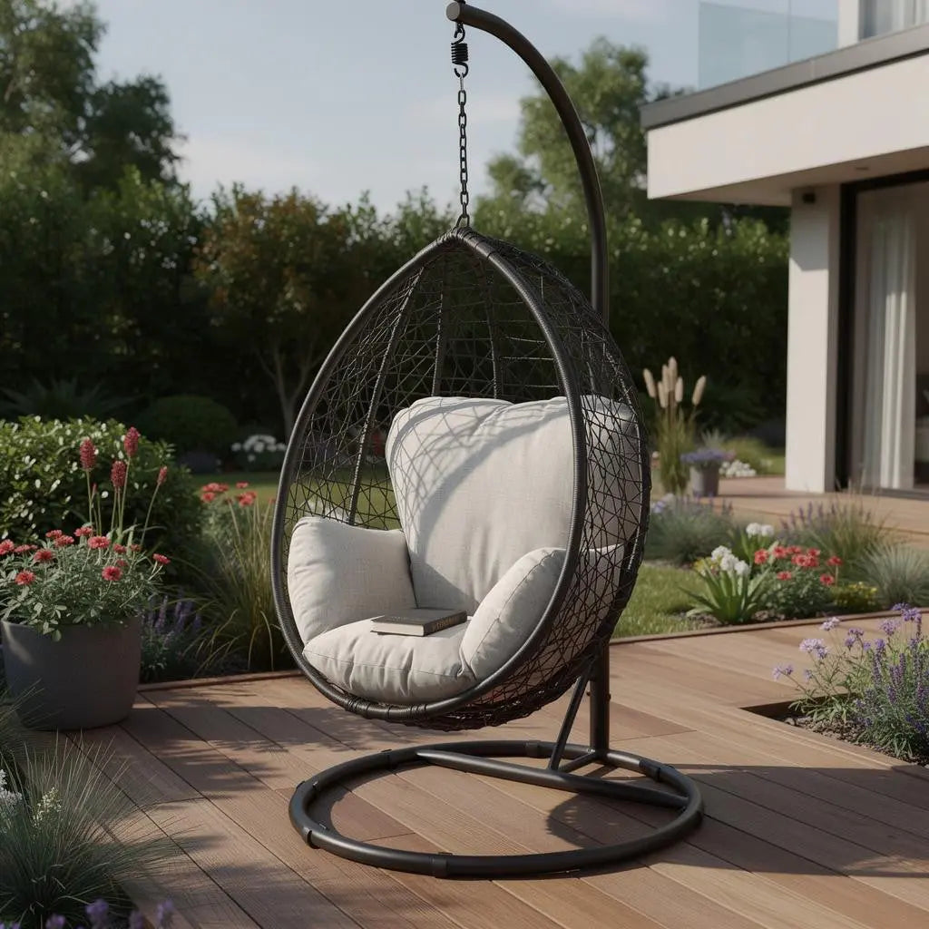 38" Black Metal Swing Chair With Beige Cushion Homeroots Outdoor