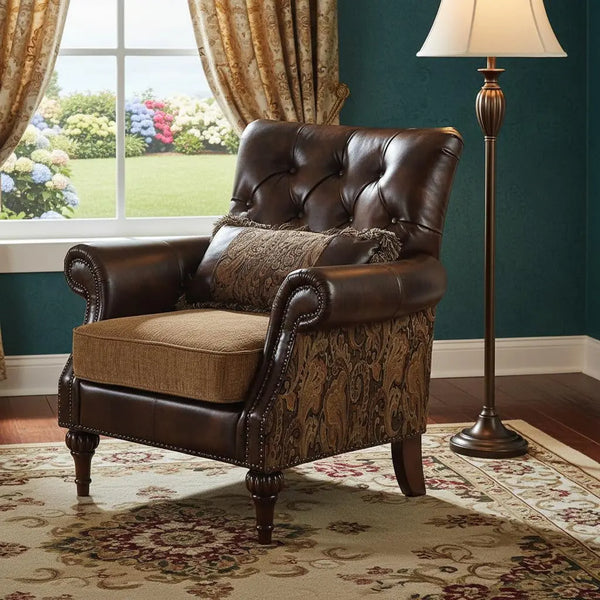 38" Brown and Black Faux Leather Floral Tufted Arm Chair And Toss Pillow Homeroots Living Room