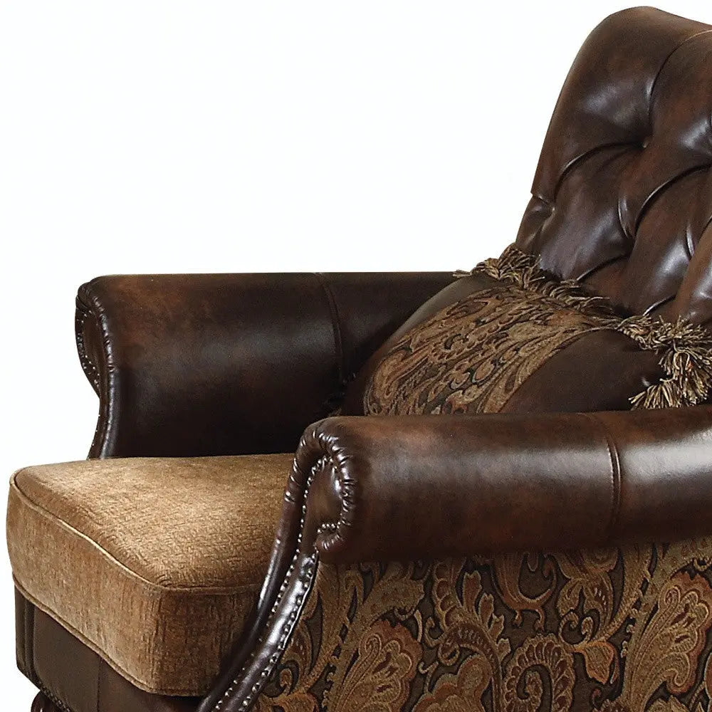 38" Brown and Black Faux Leather Floral Tufted Arm Chair And Toss Pillow Homeroots Living Room