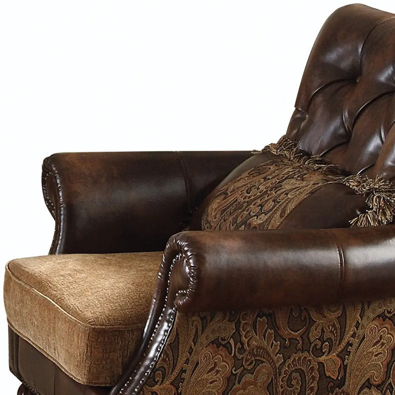 38" Brown and Black Faux Leather Floral Tufted Arm Chair And Toss Pillow Homeroots Living Room