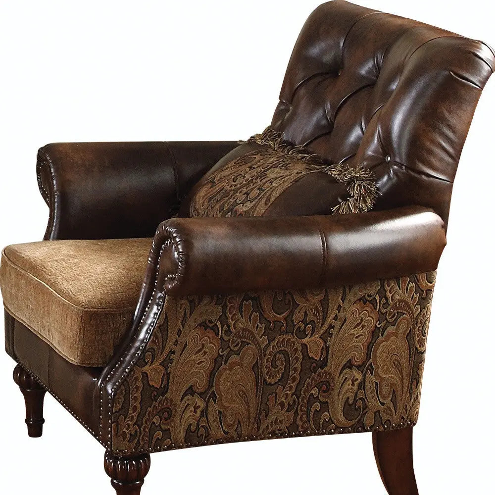 38" Brown and Black Faux Leather Floral Tufted Arm Chair And Toss Pillow Homeroots Living Room