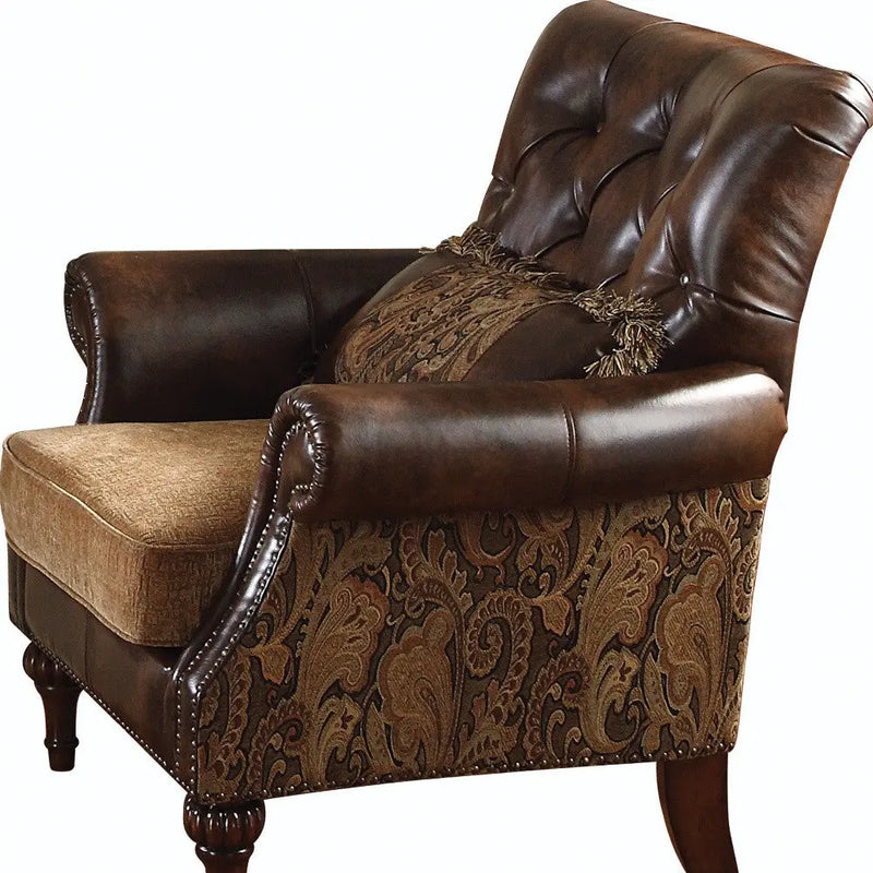 38" Brown and Black Faux Leather Floral Tufted Arm Chair And Toss Pillow Homeroots Living Room