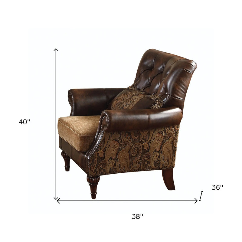 38" Brown and Black Faux Leather Floral Tufted Arm Chair And Toss Pillow Homeroots Living Room