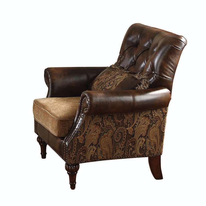 38" Brown and Black Faux Leather Floral Tufted Arm Chair And Toss Pillow Homeroots Living Room