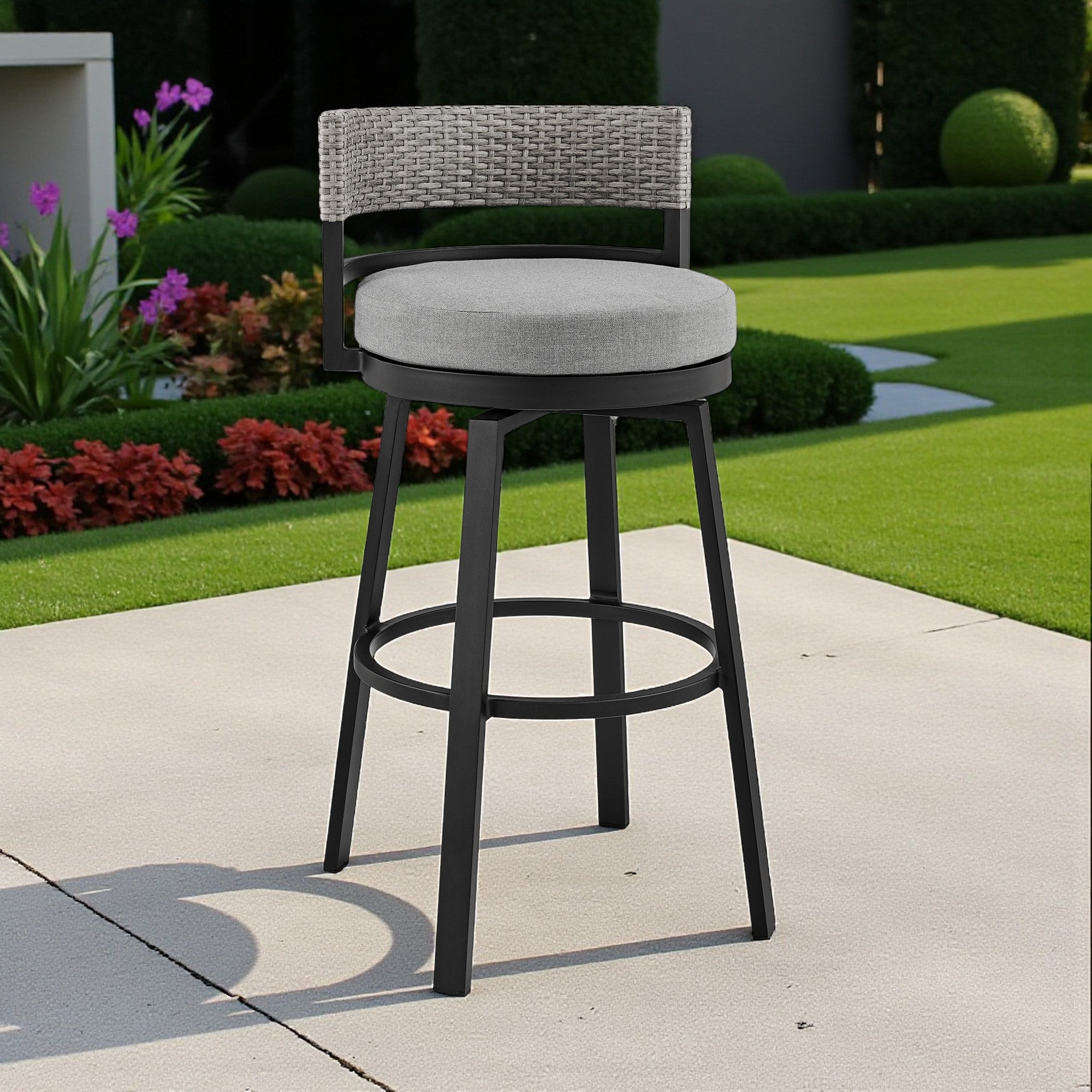 38" Light Gray Metal Swivel Low back Outdoor Bar Height chair with Footrest - GreatEagleInc