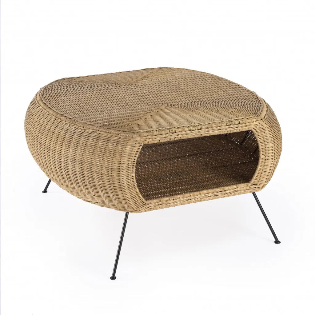 38" Natural and Black Rattan and Iron Oval Coffee Table Homeroots Living Room