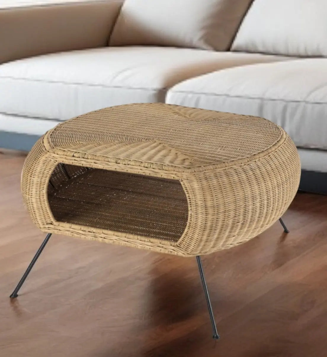 38" Natural and Black Rattan and Iron Oval Coffee Table Homeroots Living Room