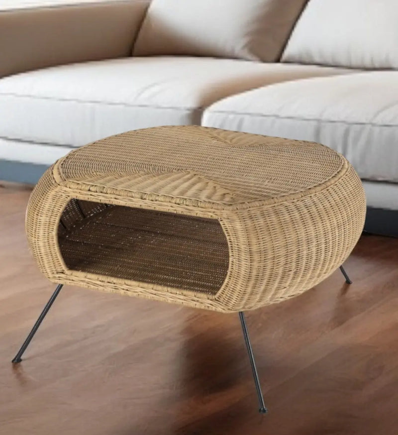 38" Natural and Black Rattan and Iron Oval Coffee Table Homeroots Living Room