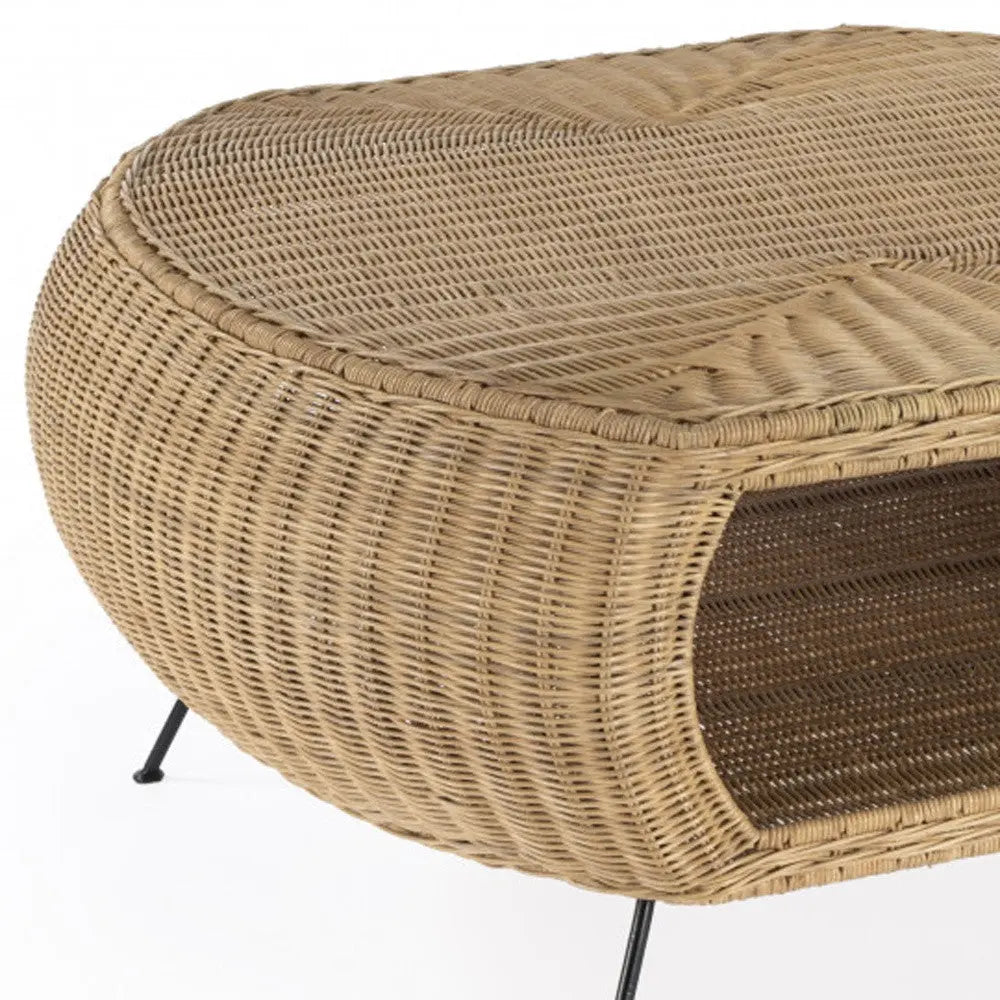 38" Natural and Black Rattan and Iron Oval Coffee Table Homeroots Living Room