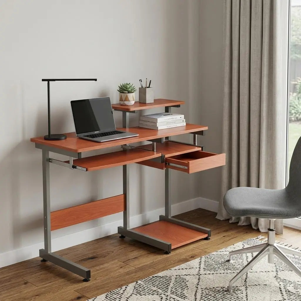 38" Oak and Silver Wood and Stainless Steel T-Shape Computer Desk Homeroots