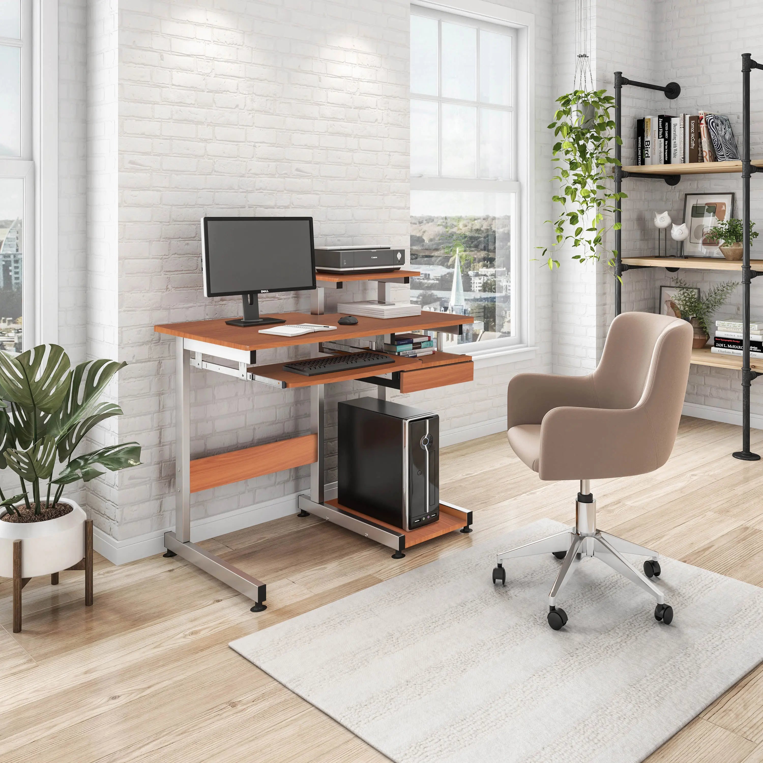 38" Oak and Silver Wood and Stainless Steel T-Shape Computer Desk Homeroots