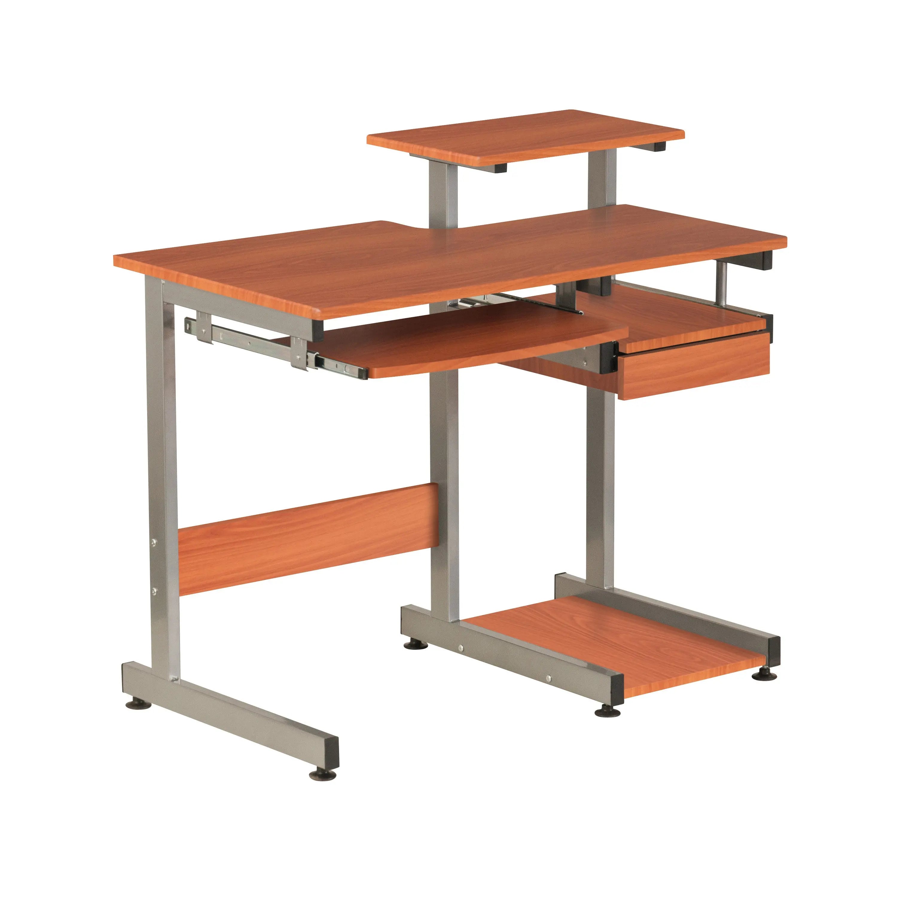 38" Oak and Silver Wood and Stainless Steel T-Shape Computer Desk Homeroots