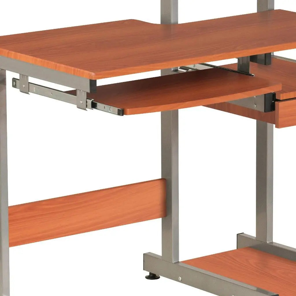 38" Oak and Silver Wood and Stainless Steel T-Shape Computer Desk Homeroots