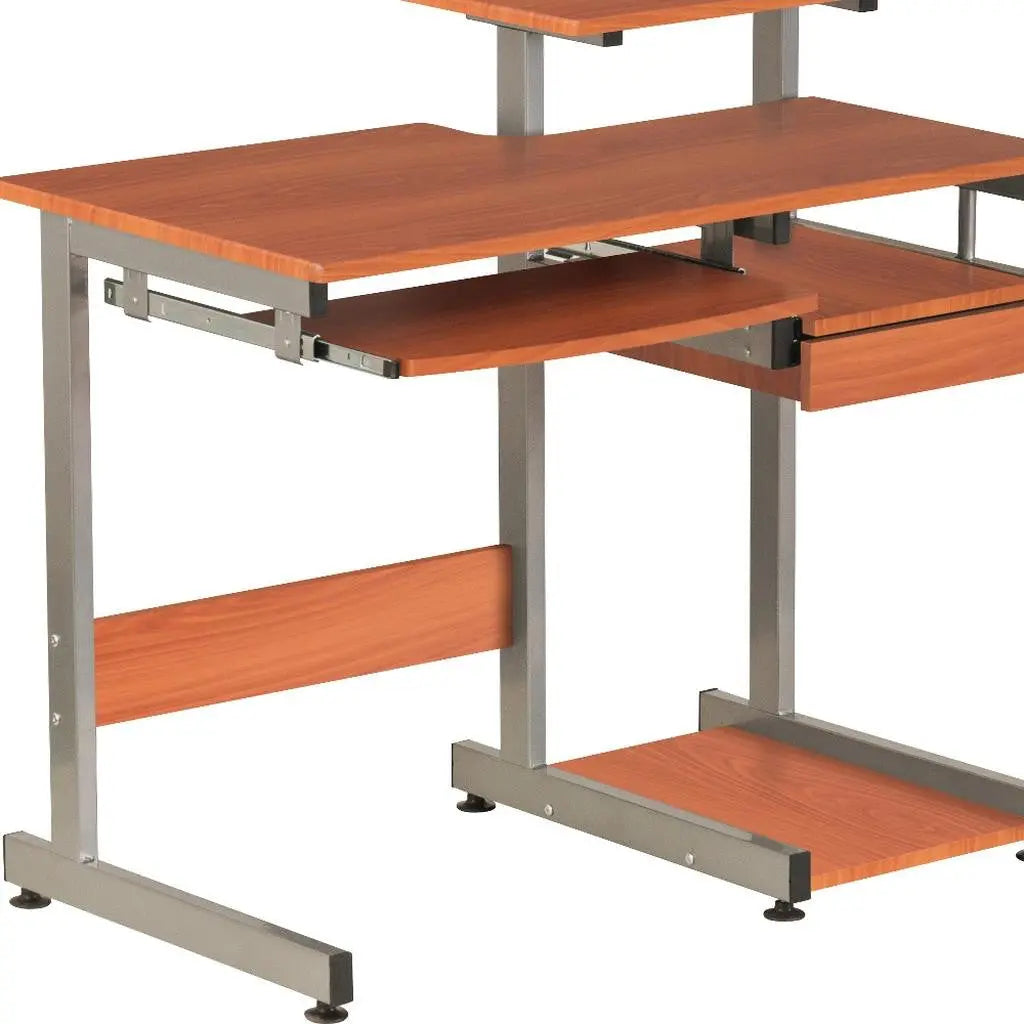38" Oak and Silver Wood and Stainless Steel T-Shape Computer Desk Homeroots