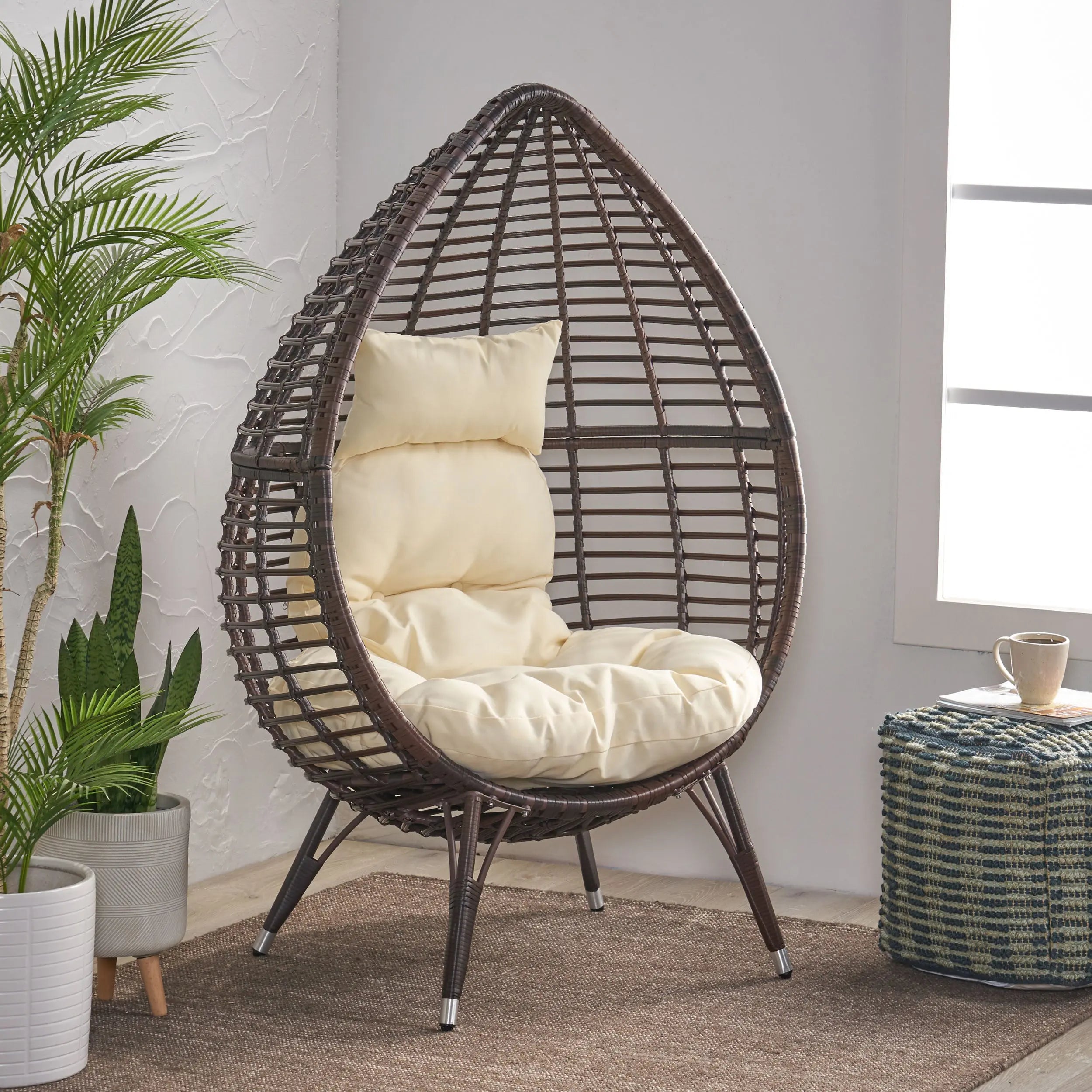 39" Beige Metal Outdoor Egg Chair with White Cushion Homeroots Outdoor