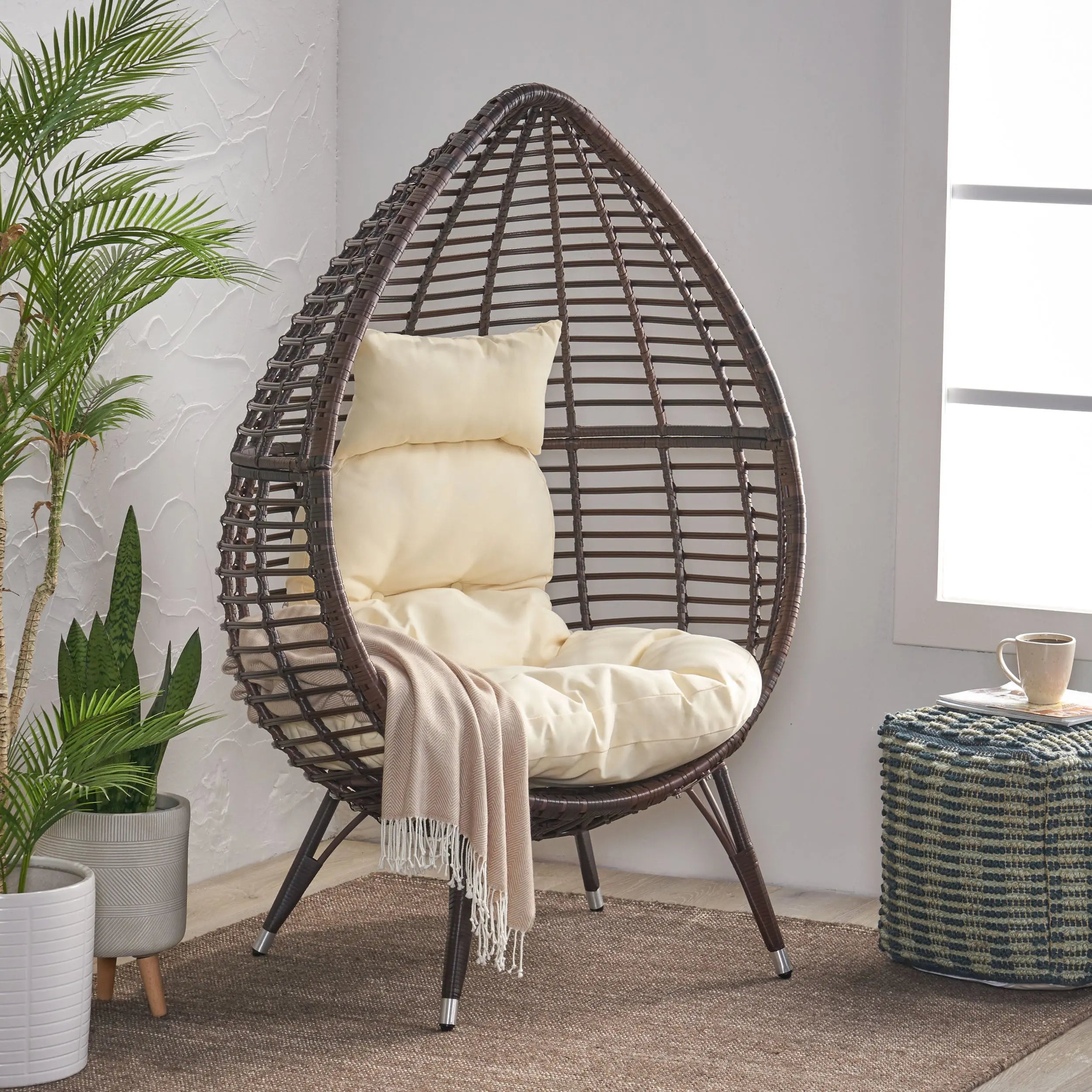 39" Beige Metal Outdoor Egg Chair with White Cushion Homeroots Outdoor