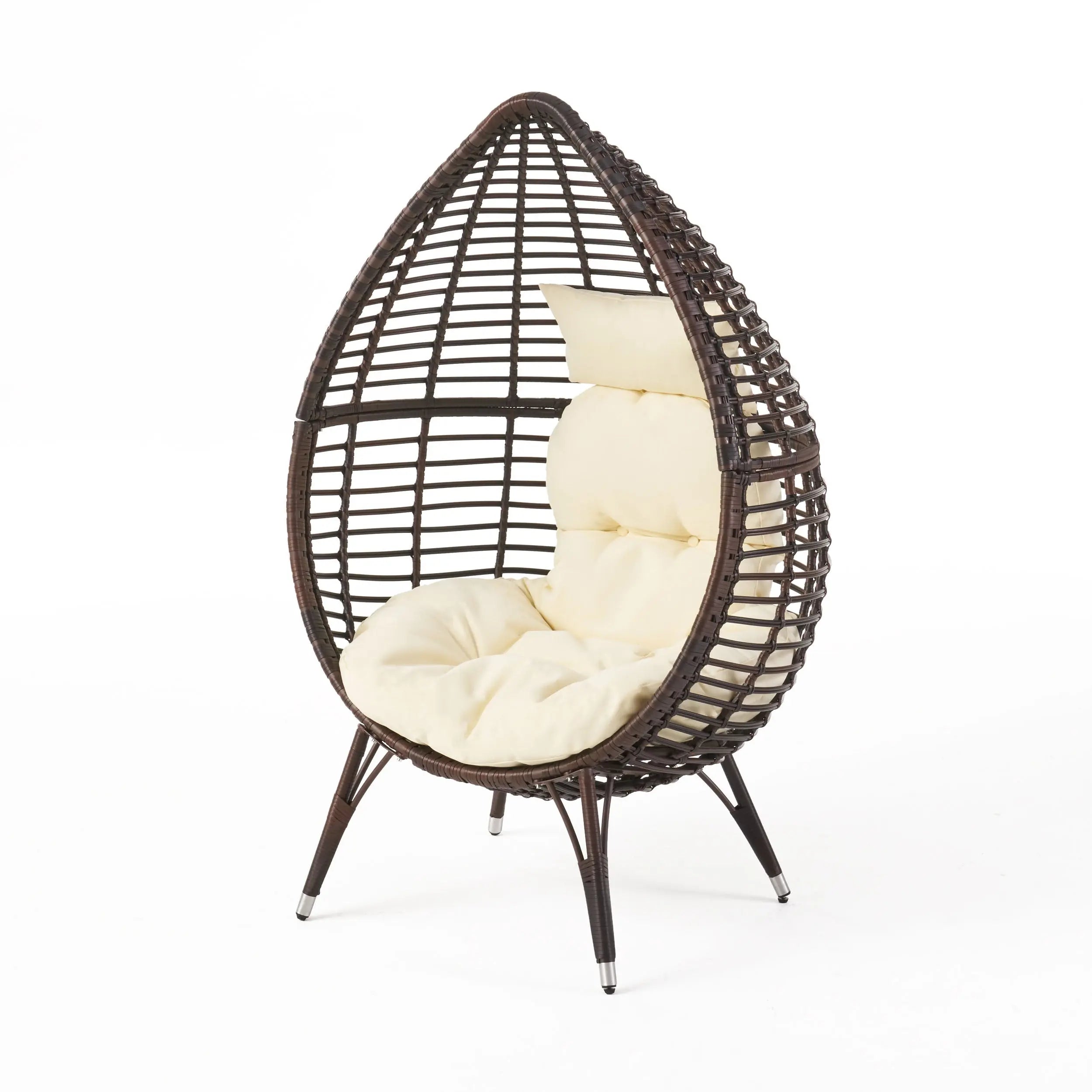 39" Beige Metal Outdoor Egg Chair with White Cushion Homeroots Outdoor