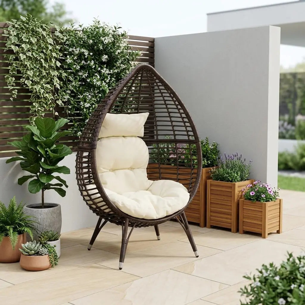 39" Beige Metal Outdoor Egg Chair with White Cushion Homeroots Outdoor