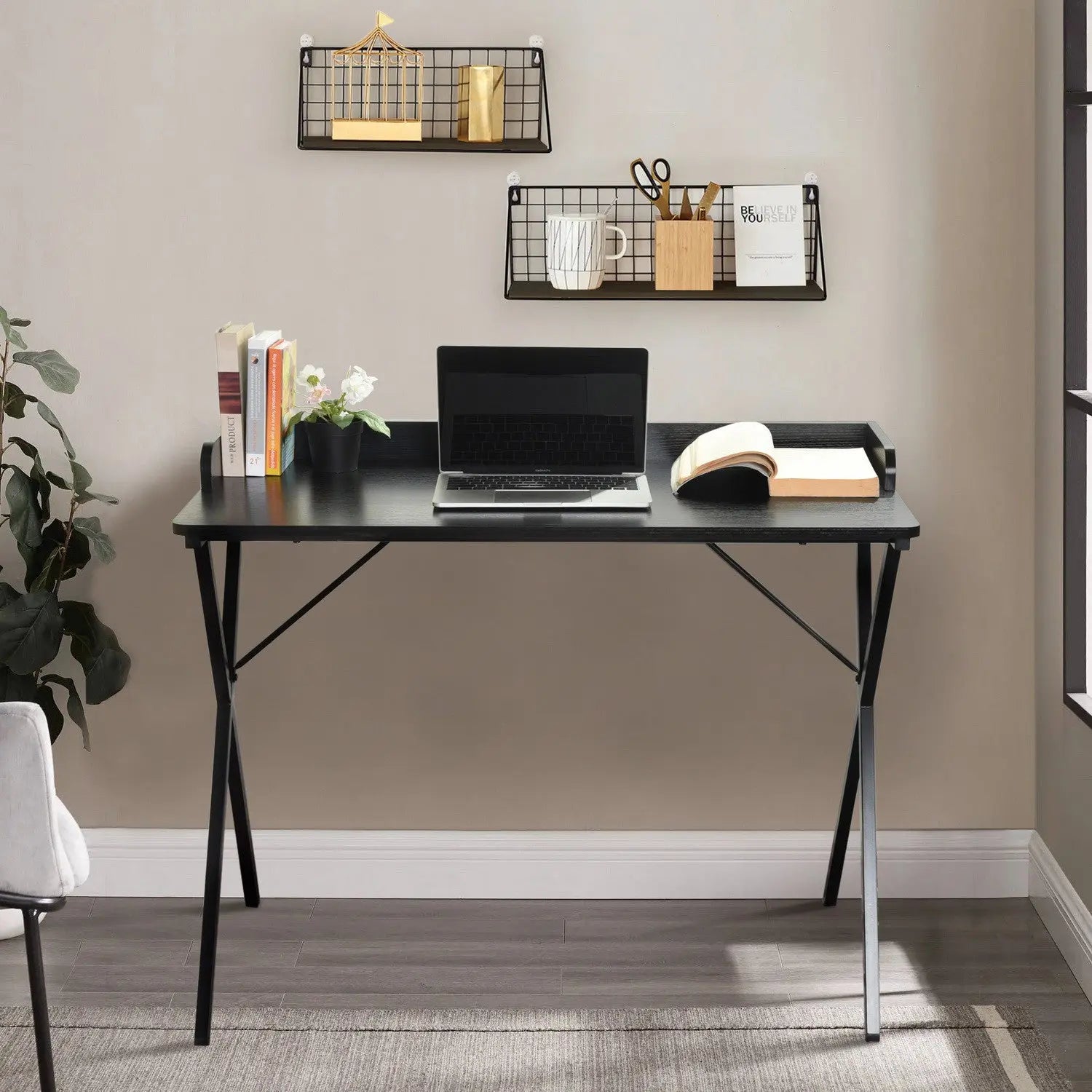 39" Black Wood and Metal X-Shape Computer Desk Homeroots Office