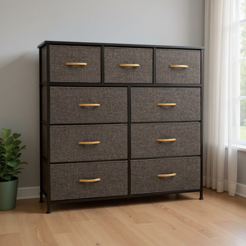 39" Brown Steel and Fabric Nine Drawer Triple Dresser - GreatEagleInc