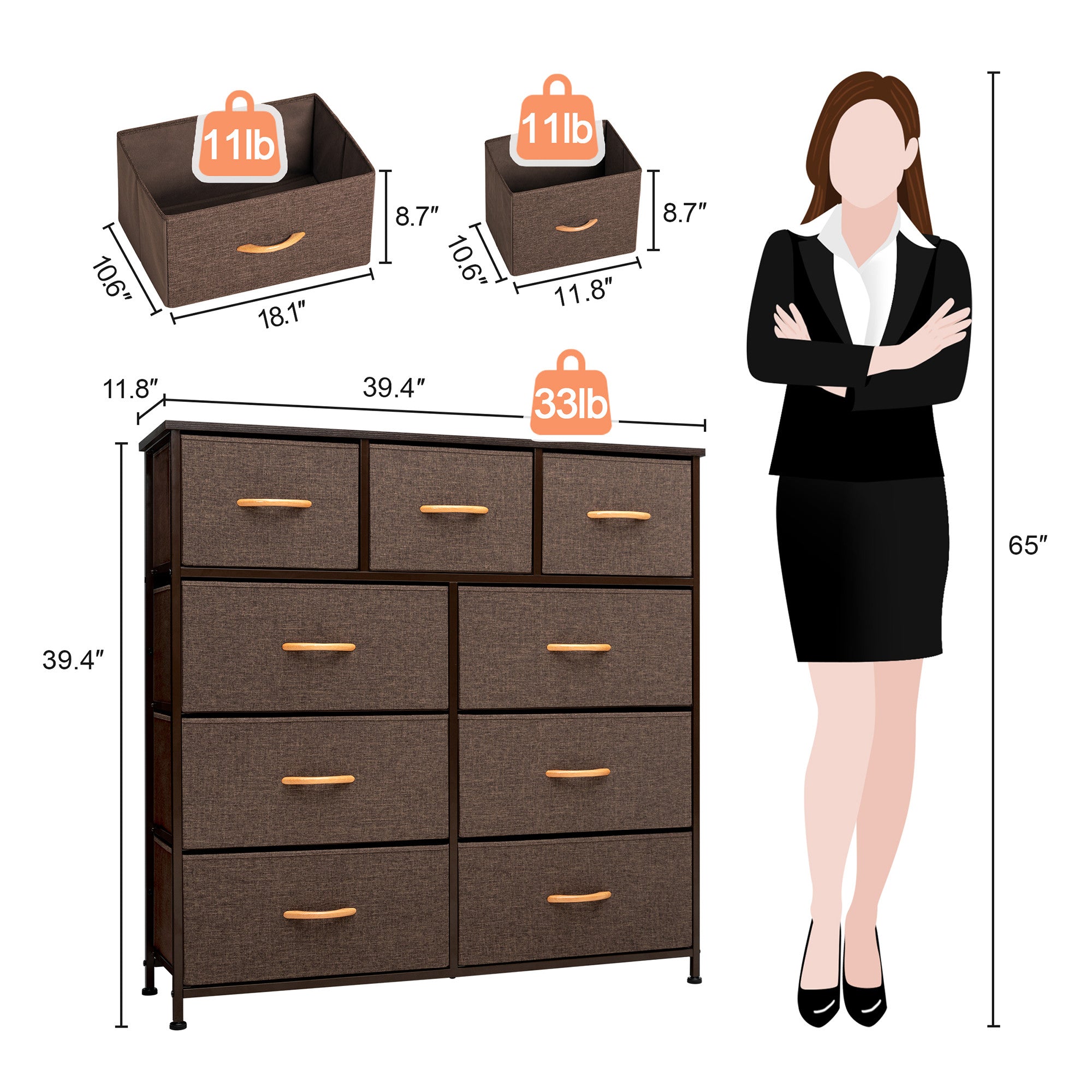 39" Brown Steel and Fabric Nine Drawer Triple Dresser - GreatEagleInc