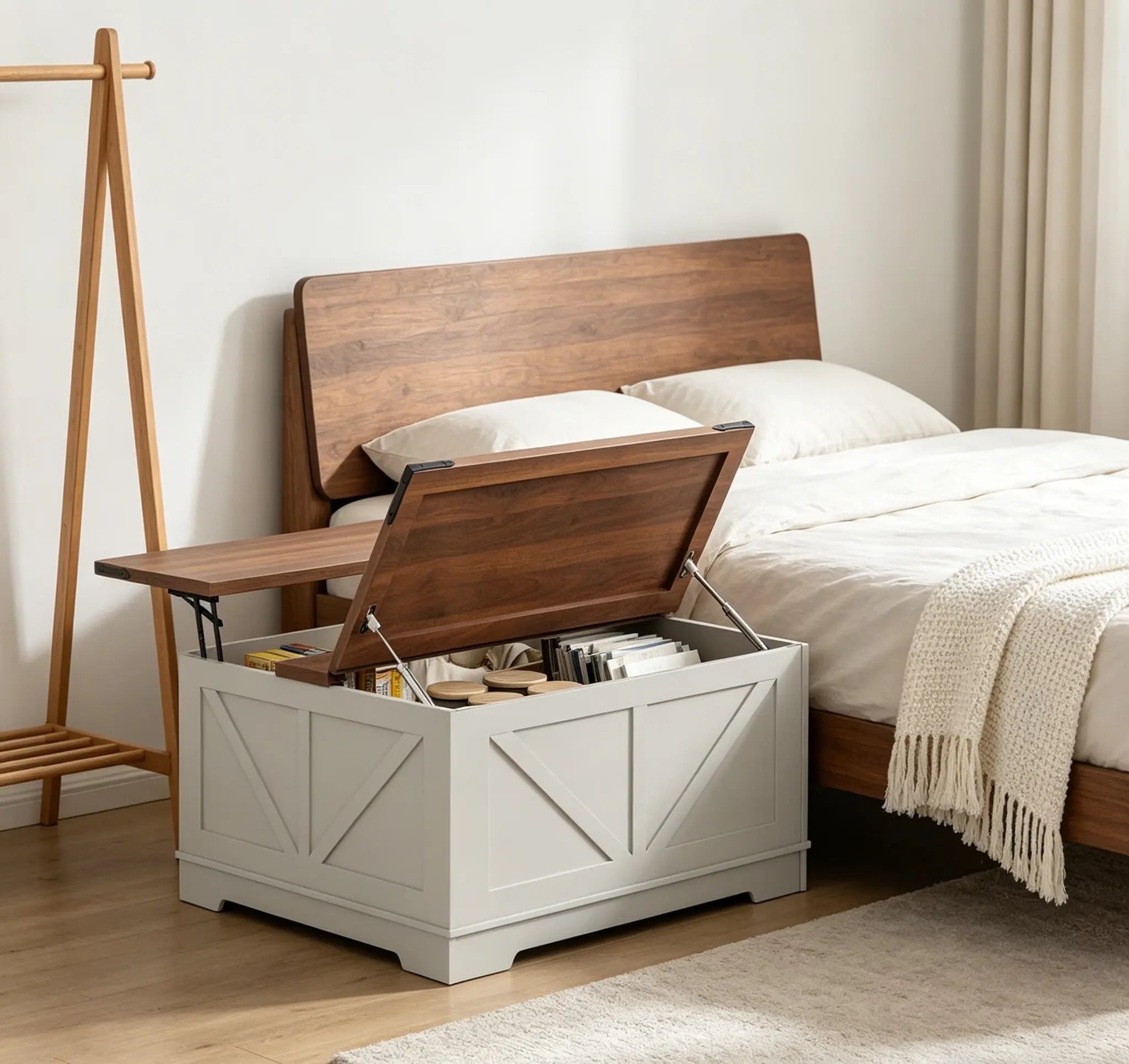 39" Brown and White Wood Lift Top Solid Trunk Coffee Table With Two Shelves Homeroots Living Room