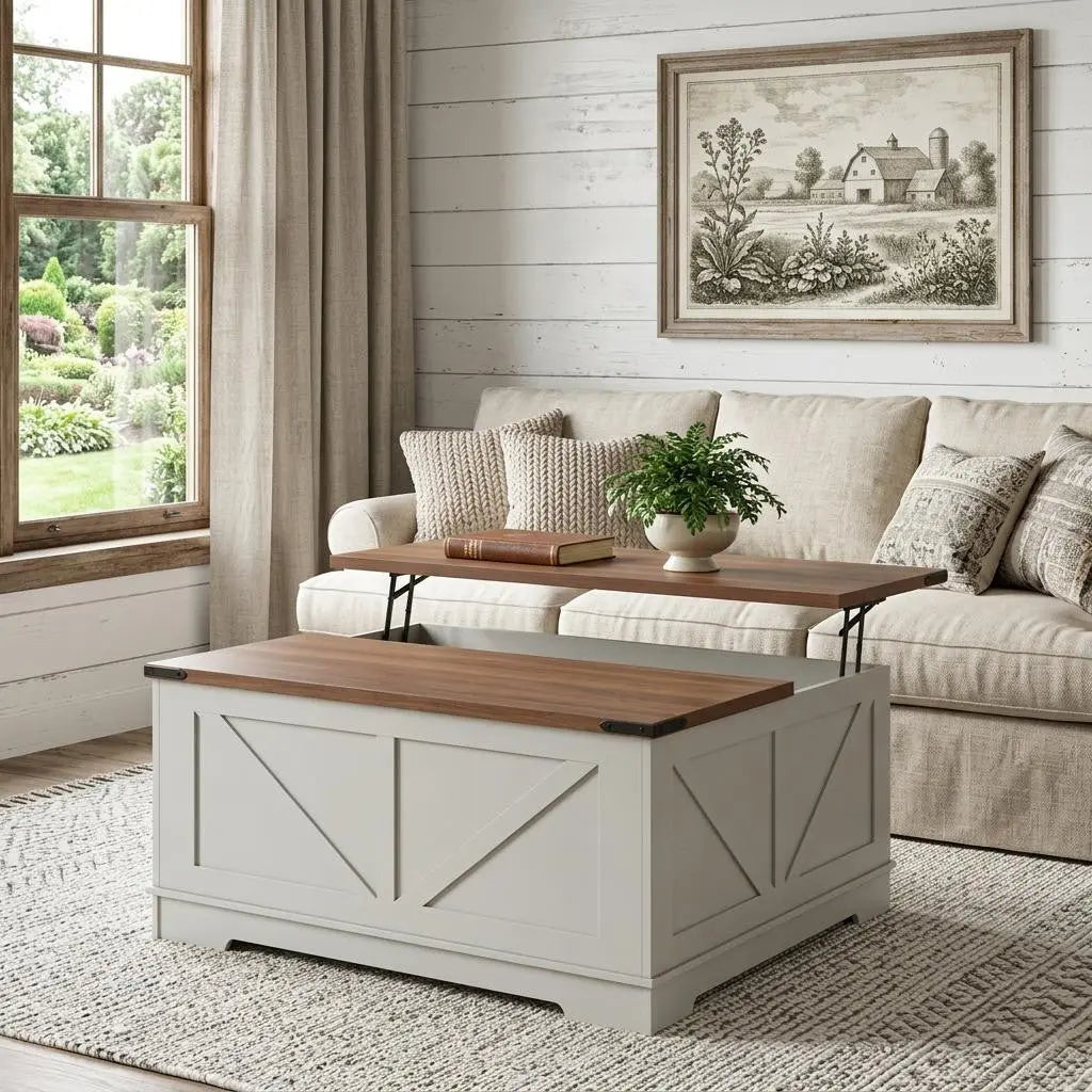 39" Brown and White Wood Lift Top Solid Trunk Coffee Table With Two Shelves Homeroots Living Room