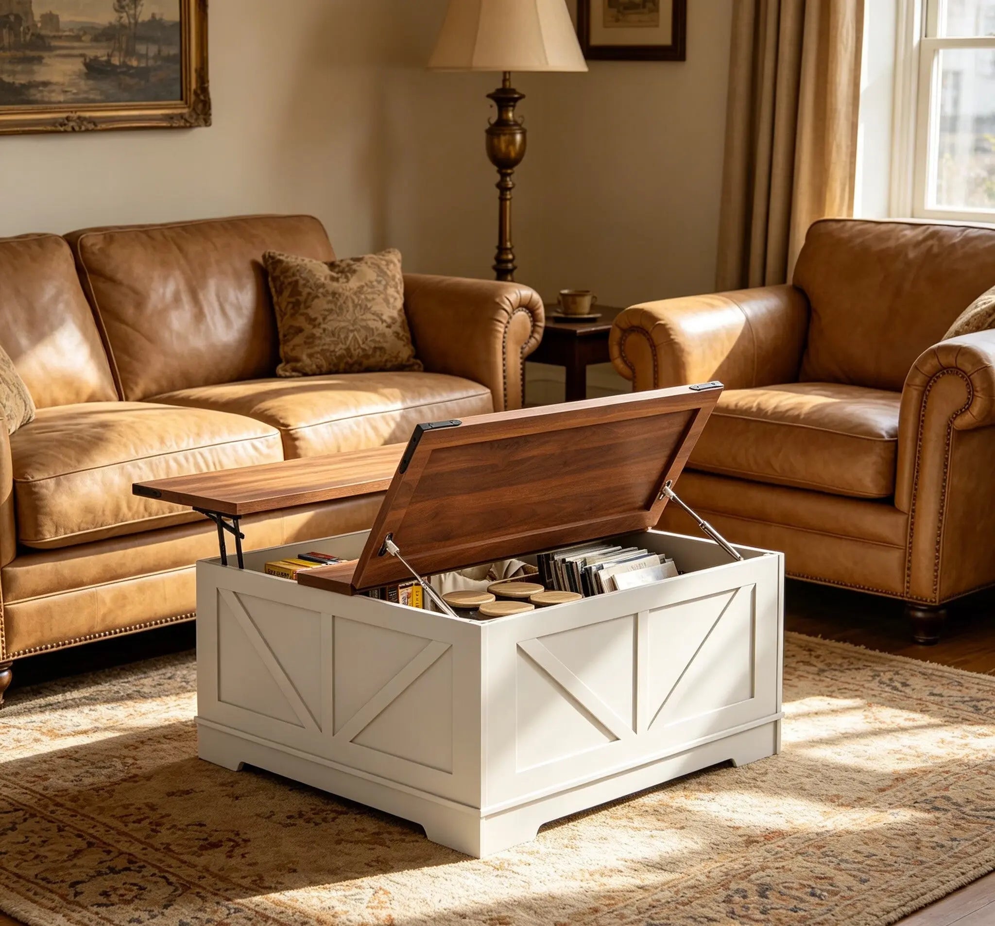 39" Brown and White Wood Lift Top Solid Trunk Coffee Table With Two Shelves Homeroots Living Room