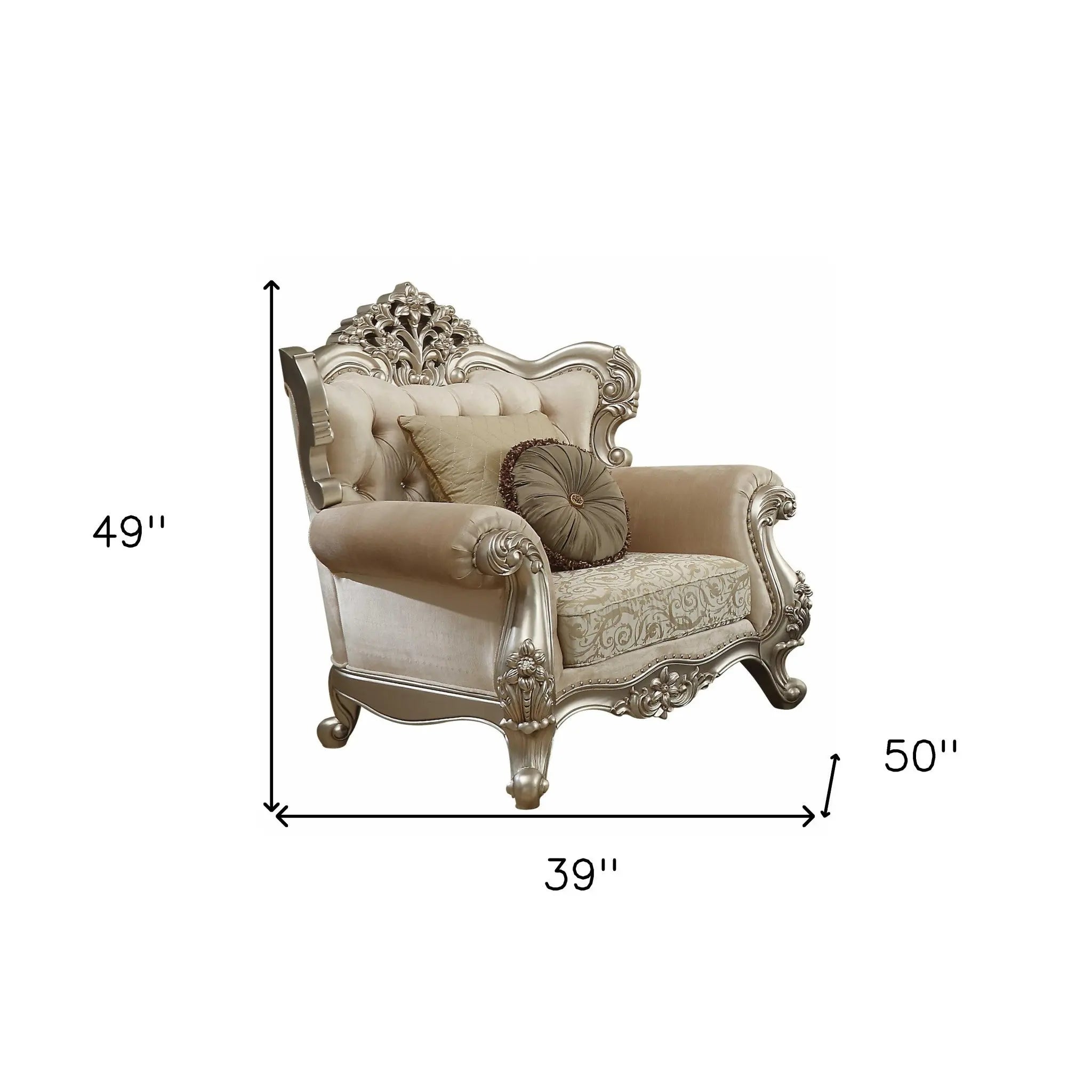39" Champagne Fabric Damask Chair and a Half And Toss Pillows - GreatEagleInc