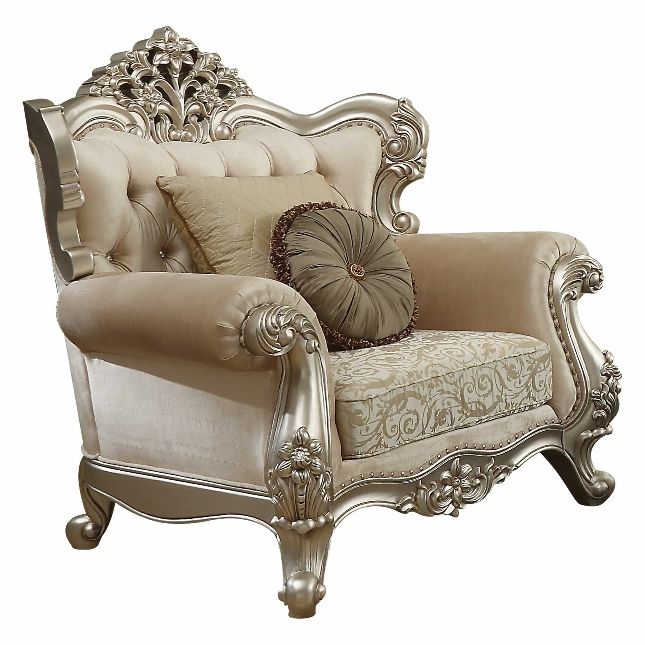 39" Champagne Fabric Damask Chair and a Half And Toss Pillows - GreatEagleInc