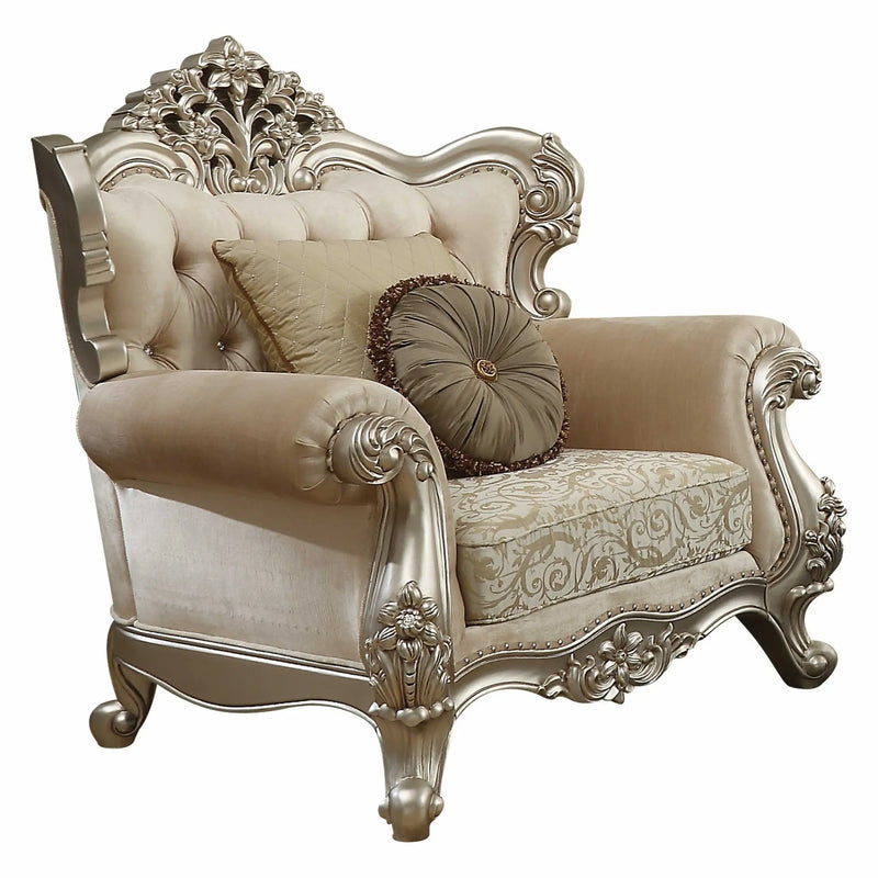 39" Champagne Fabric Damask Chair and a Half And Toss Pillows - GreatEagleInc