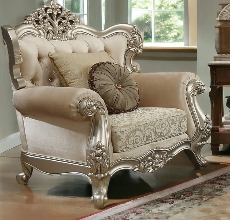 39" Champagne Fabric Damask Chair and a Half And Toss Pillows - GreatEagleInc