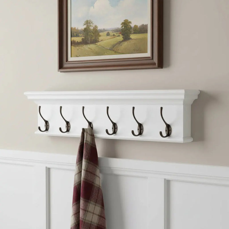 39" Classic White Wood Six Hook Hanging Coat Rack Homeroots Organization