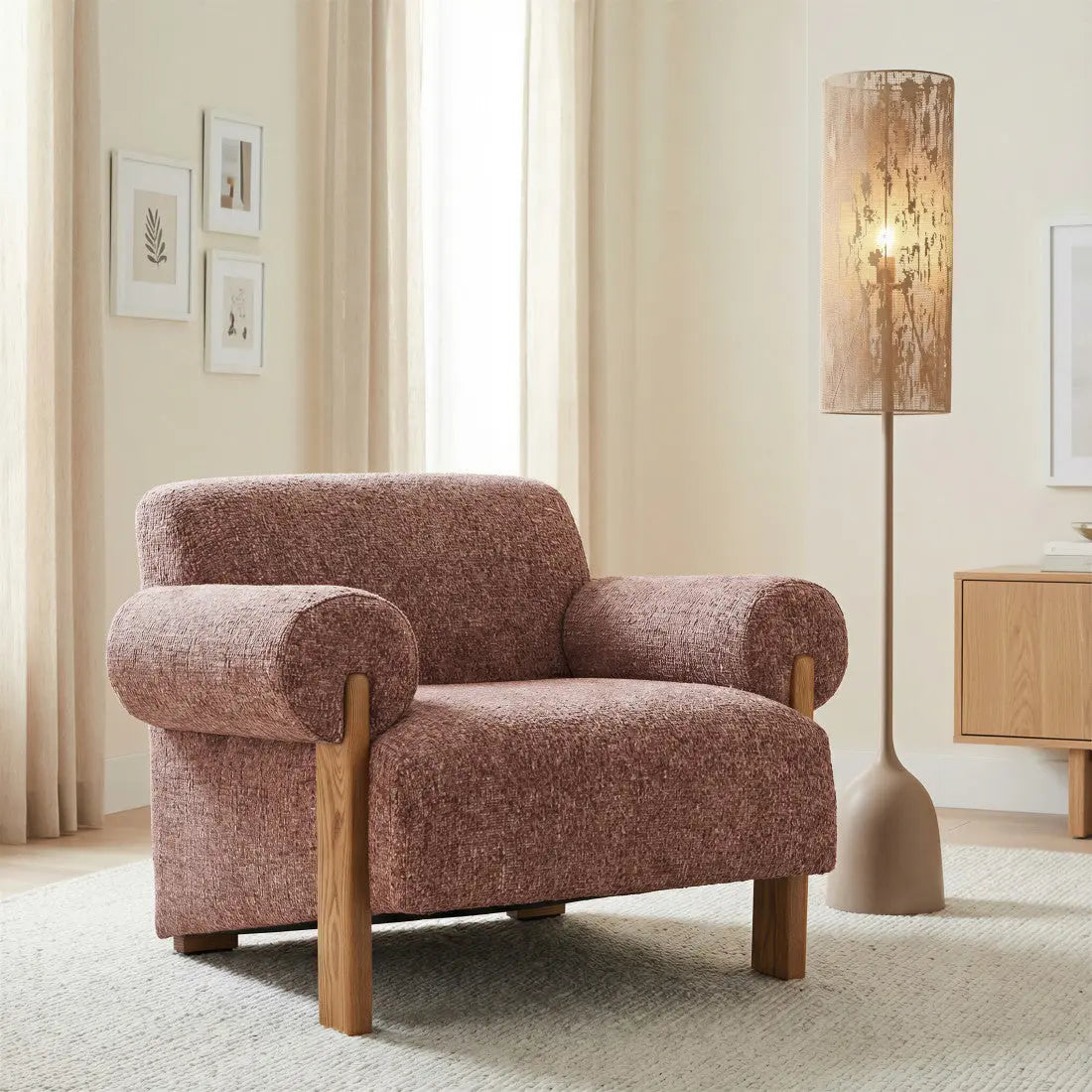 39" Copper And Brown Woven Upholstery And Solid Wood Arm Chair Homeroots Living Room