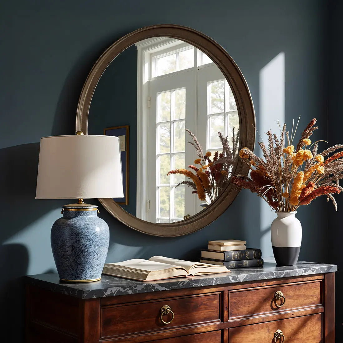39" Espresso Solid Wood Round Freestanding And Leaning Framed Accent Mirror Homeroots Bed & Bath
