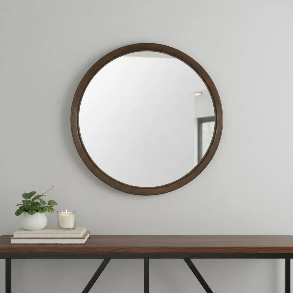 39" Espresso Solid Wood Round Freestanding And Leaning Framed Accent Mirror Homeroots Bed & Bath