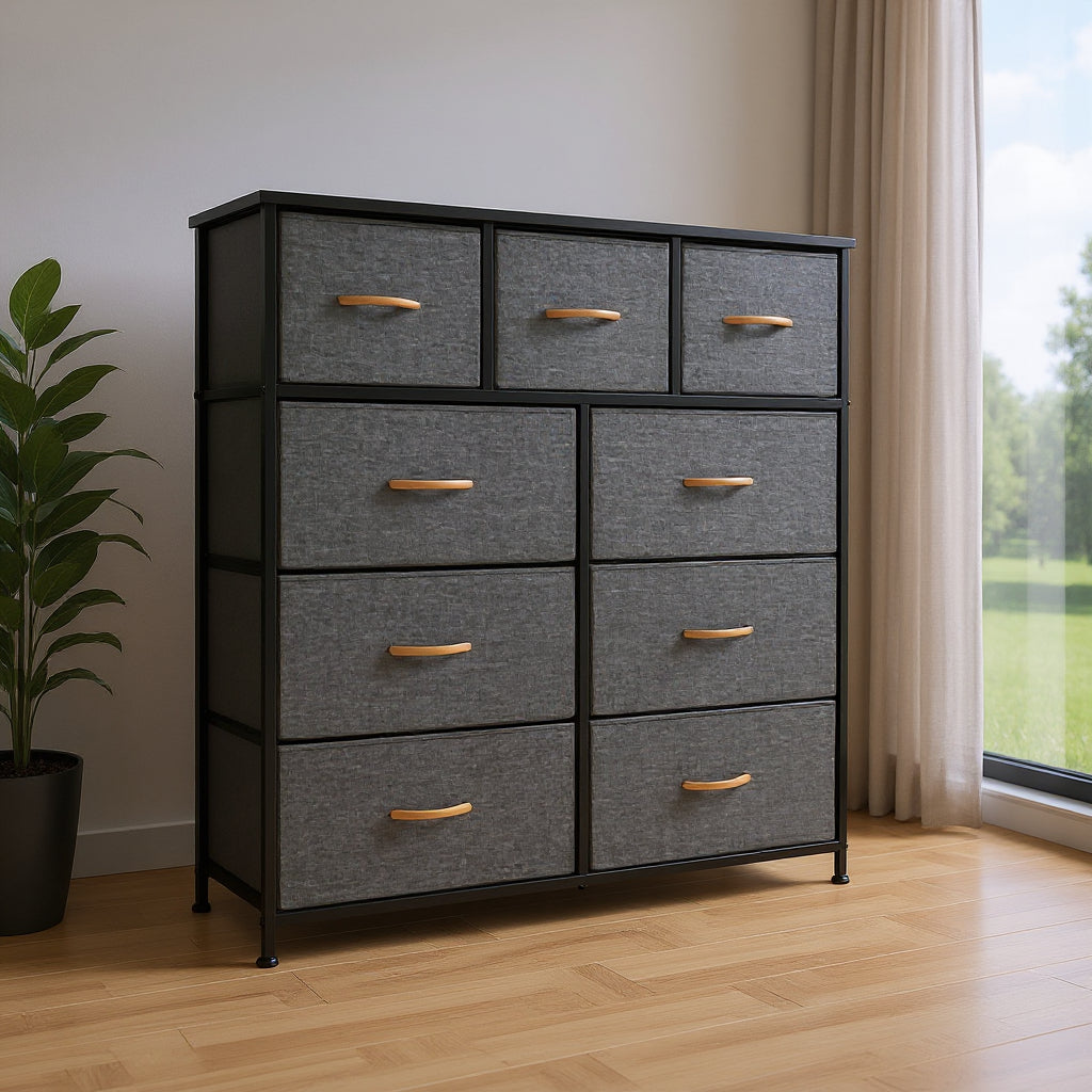 39" Gray and White Steel and Fabric Nine Drawer Triple Dresser - GreatEagleInc