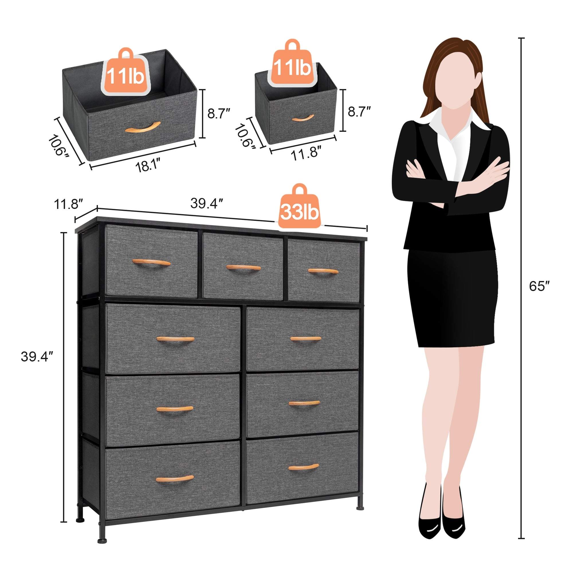 39" Gray and White Steel and Fabric Nine Drawer Triple Dresser - GreatEagleInc