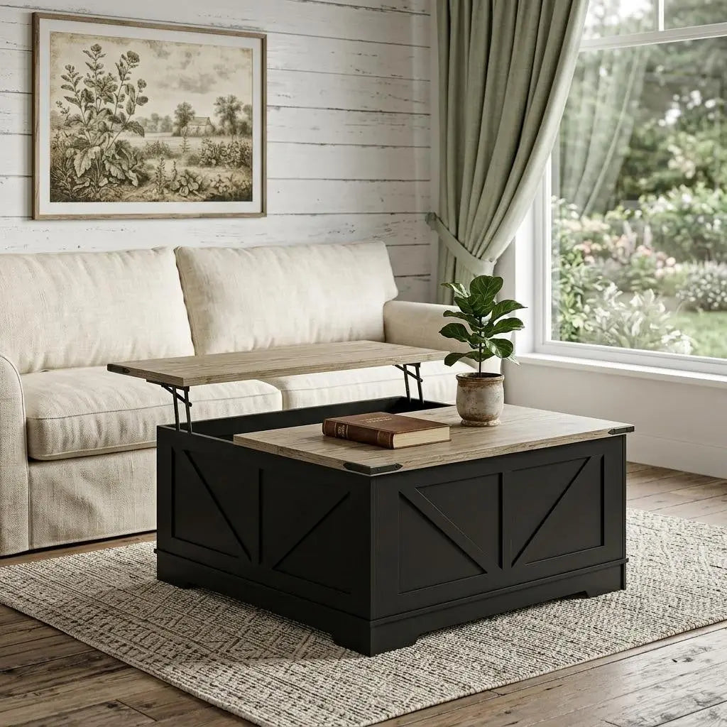 39" Light Brown and Black Wood Lift Top Solid Trunk Coffee Table With Two Shelves Homeroots Living Room