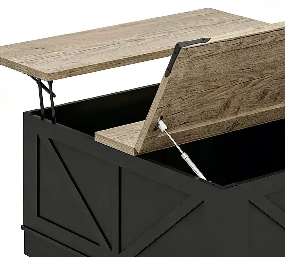 39" Light Brown and Black Wood Lift Top Solid Trunk Coffee Table With Two Shelves Homeroots Living Room
