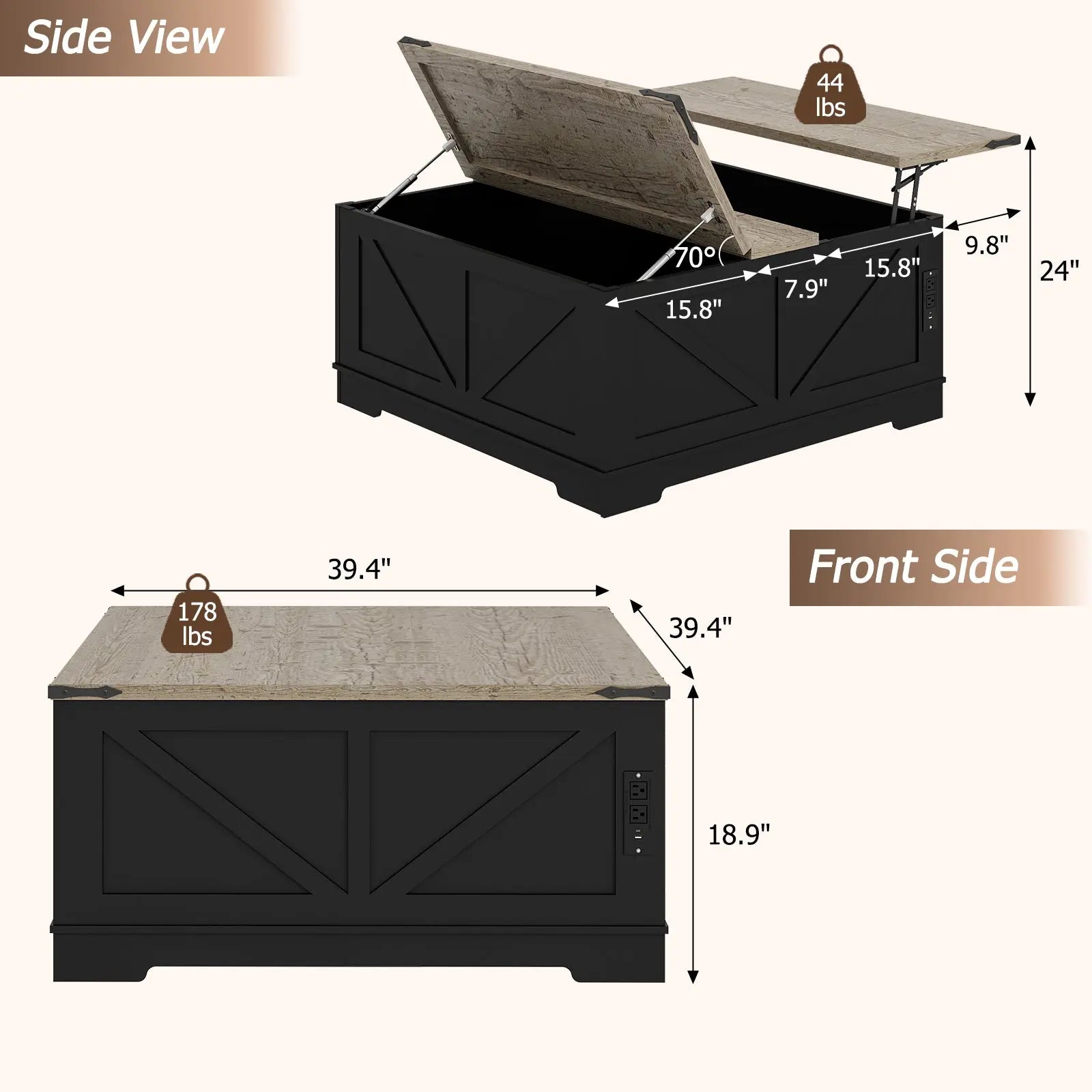 39" Light Brown and Black Wood Lift Top Solid Trunk Coffee Table With Two Shelves Homeroots Living Room