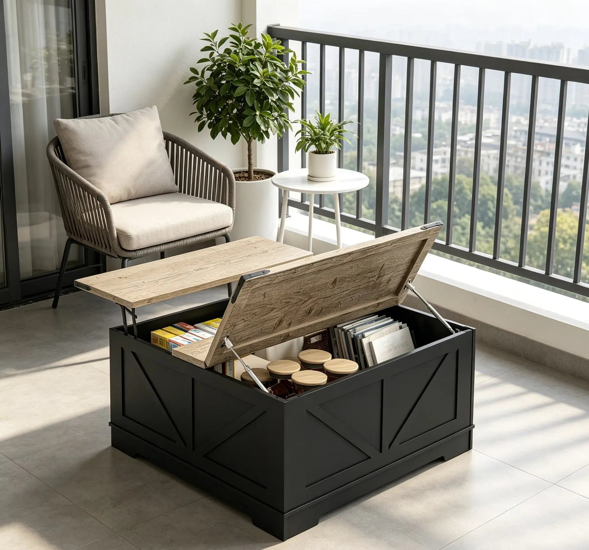 39" Light Brown and Black Wood Lift Top Solid Trunk Coffee Table With Two Shelves Homeroots Living Room