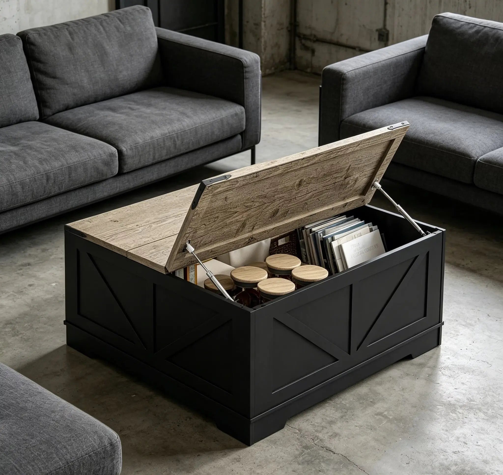 39" Light Brown and Black Wood Lift Top Solid Trunk Coffee Table With Two Shelves Homeroots Living Room