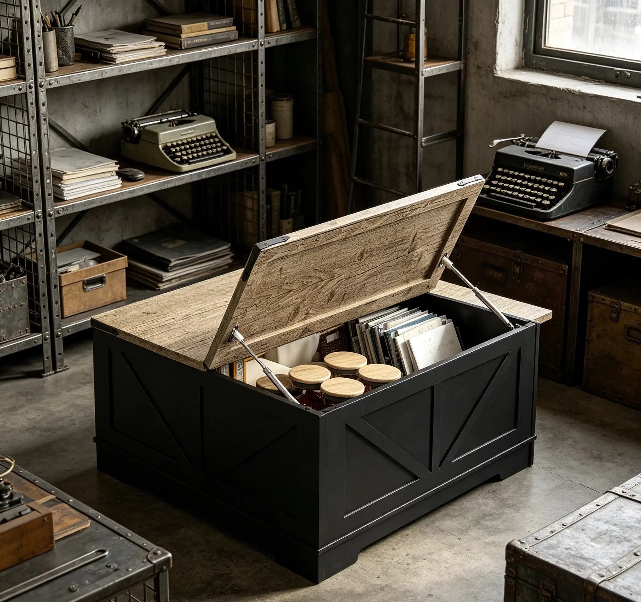 39" Light Brown and Black Wood Lift Top Solid Trunk Coffee Table With Two Shelves Homeroots Living Room