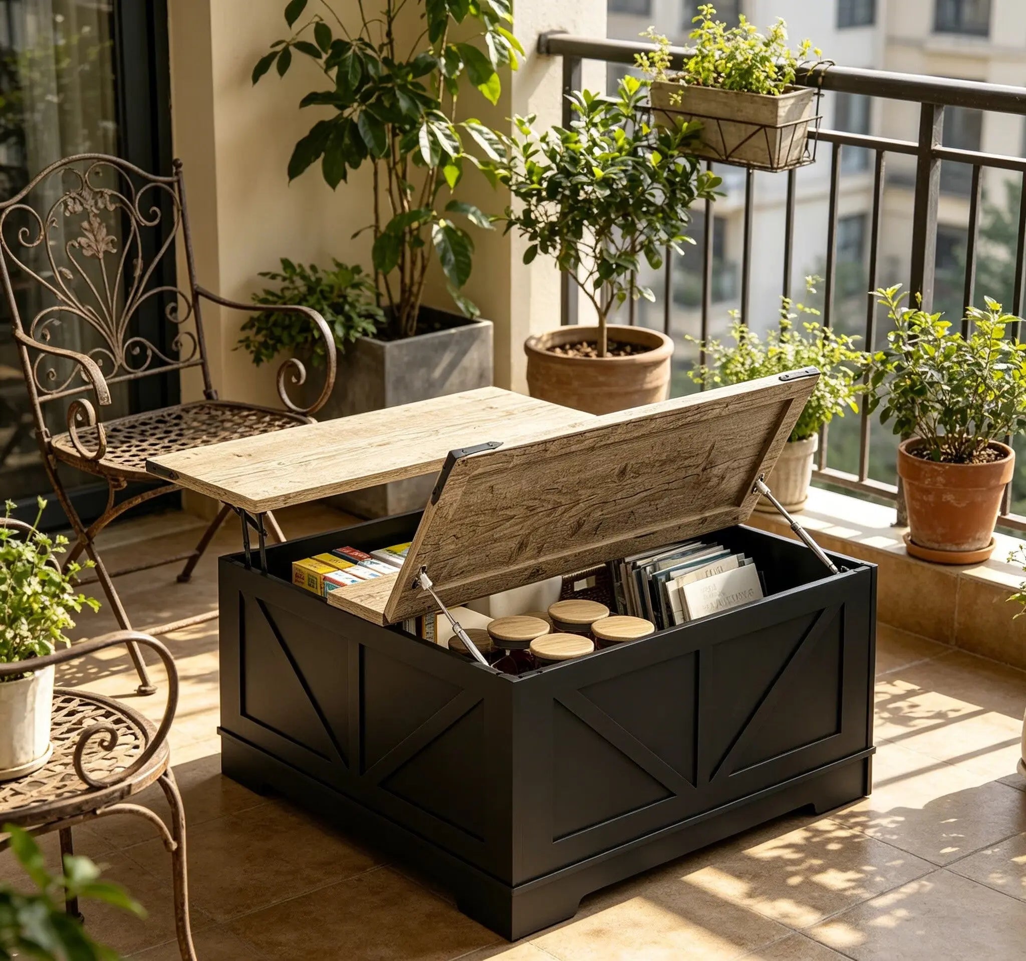 39" Light Brown and Black Wood Lift Top Solid Trunk Coffee Table With Two Shelves Homeroots Living Room