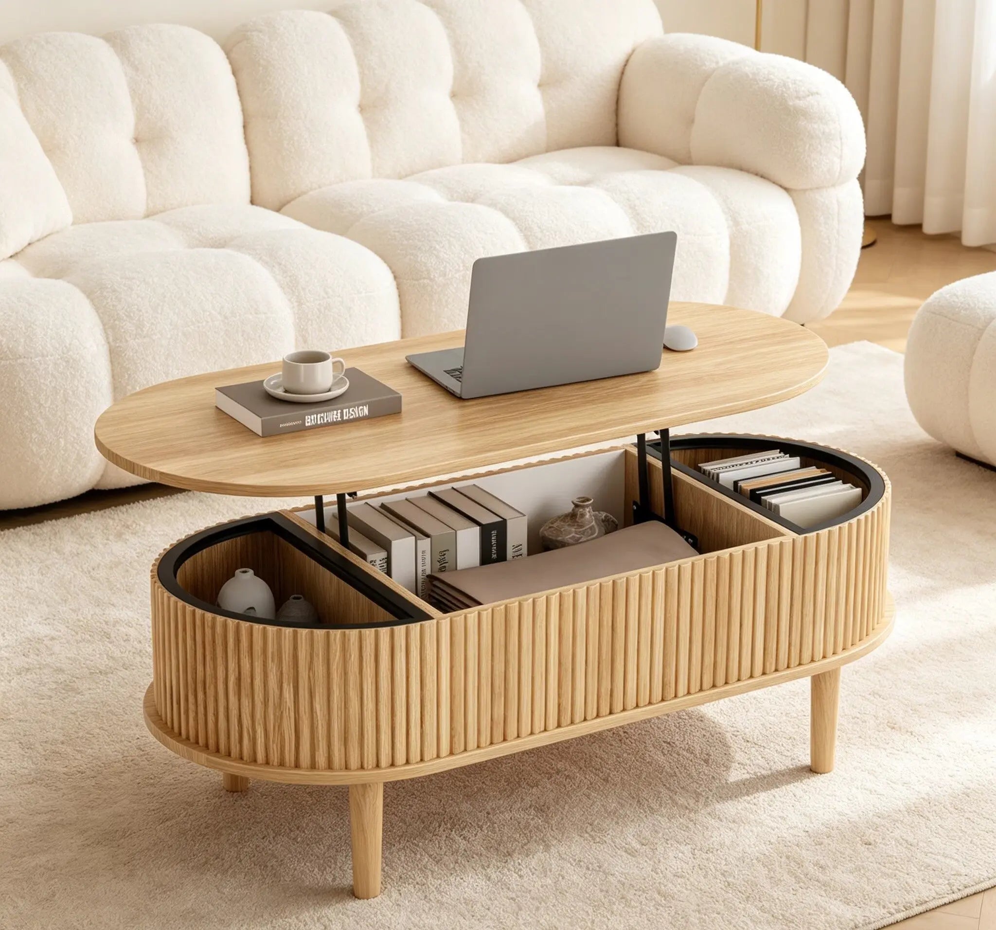39" Natural Wood Oval Lift Top Solid Drum Coffee Table With Three Shelves Homeroots Living Room