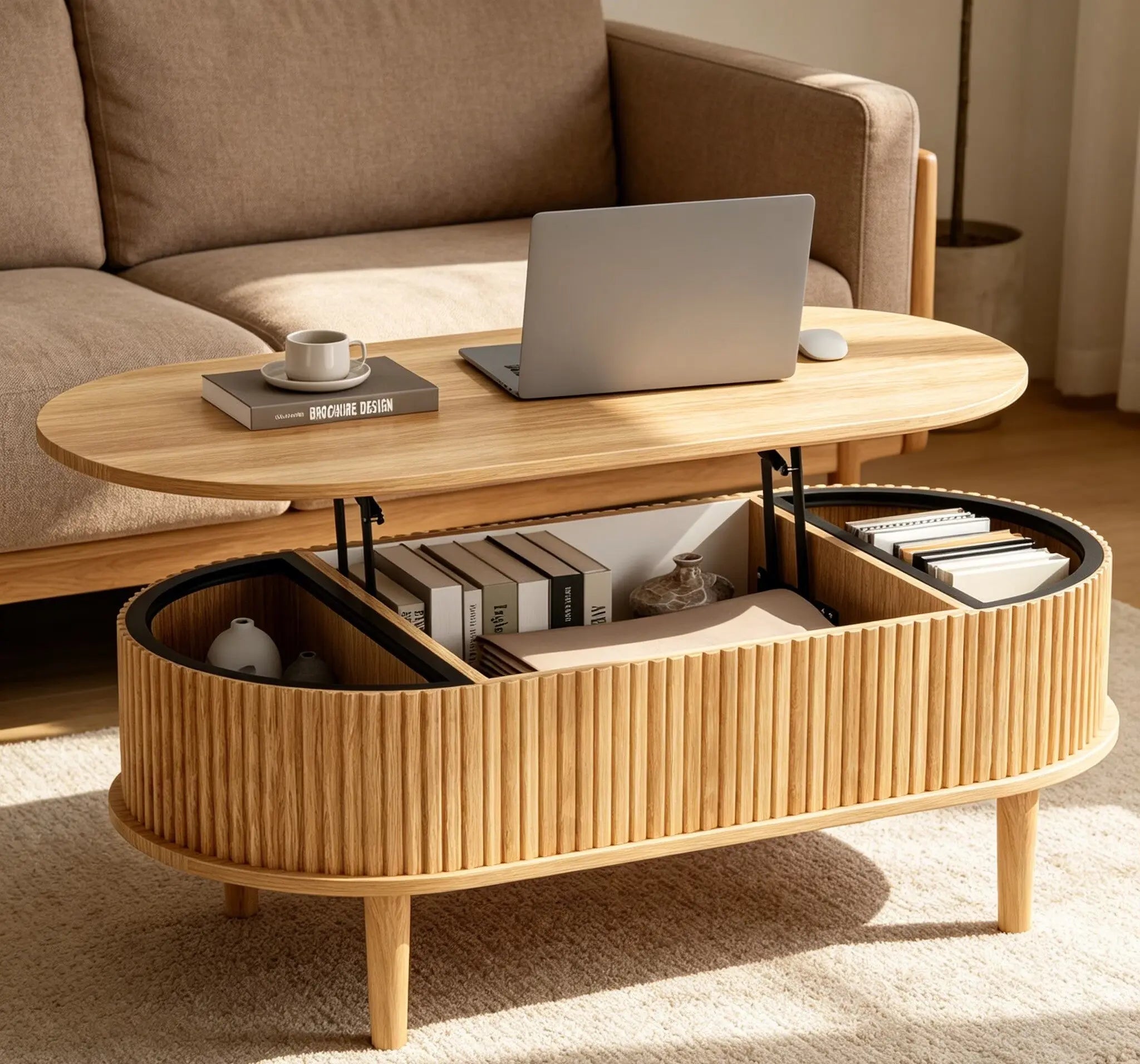 39" Natural Wood Oval Lift Top Solid Drum Coffee Table With Three Shelves Homeroots Living Room